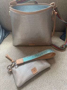 Metallic Silver Crossbody Bag with Matching Wristlet